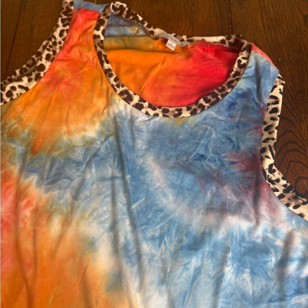 White‎ Birch Vibrant Tie-Dye Tank with Leopard Trim L